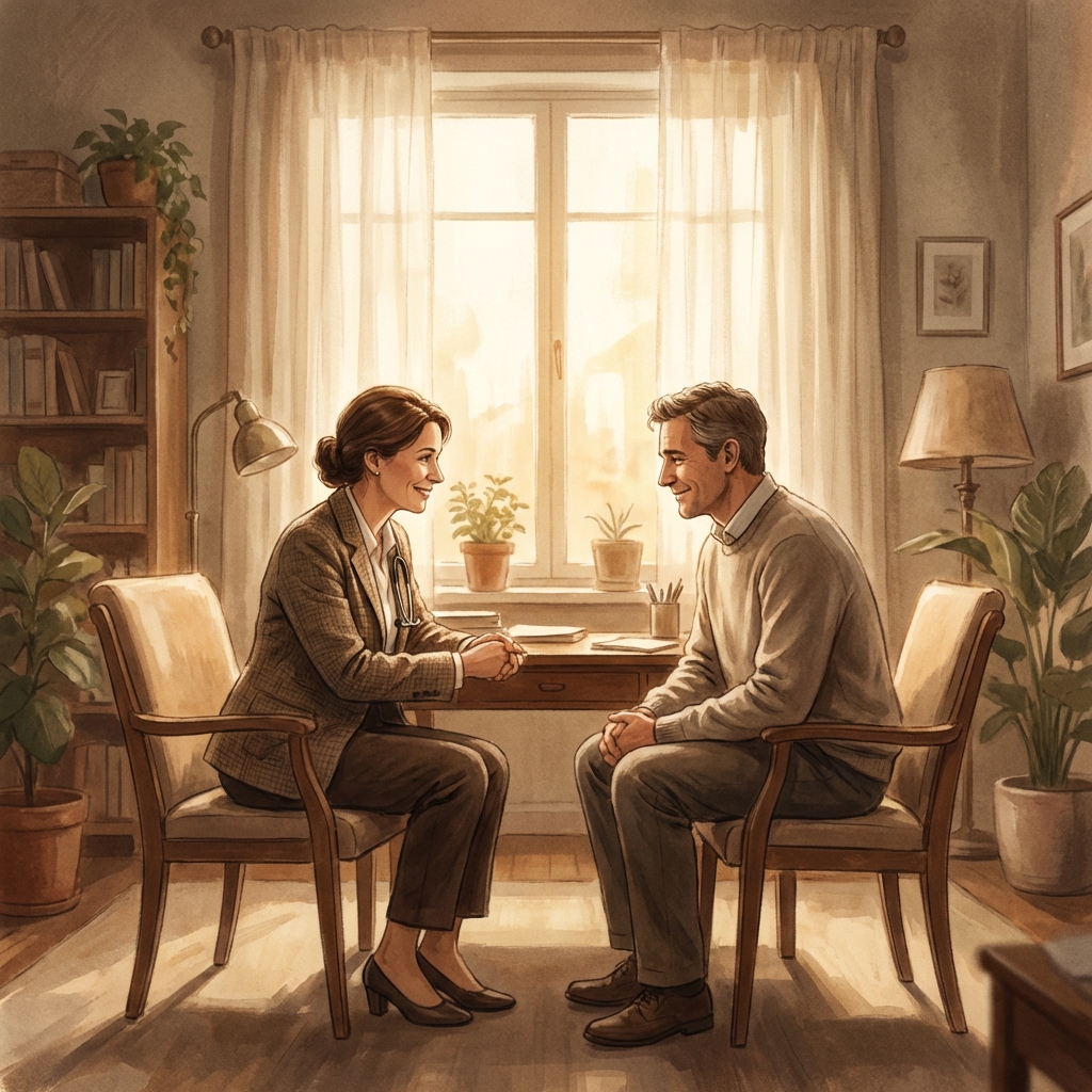 Doctor and patient in warm, trusting conversation — illustrating doctor patient relationship storytelling