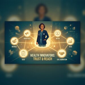 Illustration of a physician at the center of a glowing editorial partnership network, representing healthcare editorial partnership opportunities.