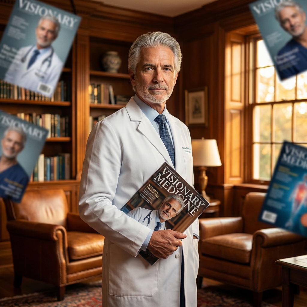 Physician holding a magazine cover feature, representing doctor cover feature magazine placement as a professional authority tool.