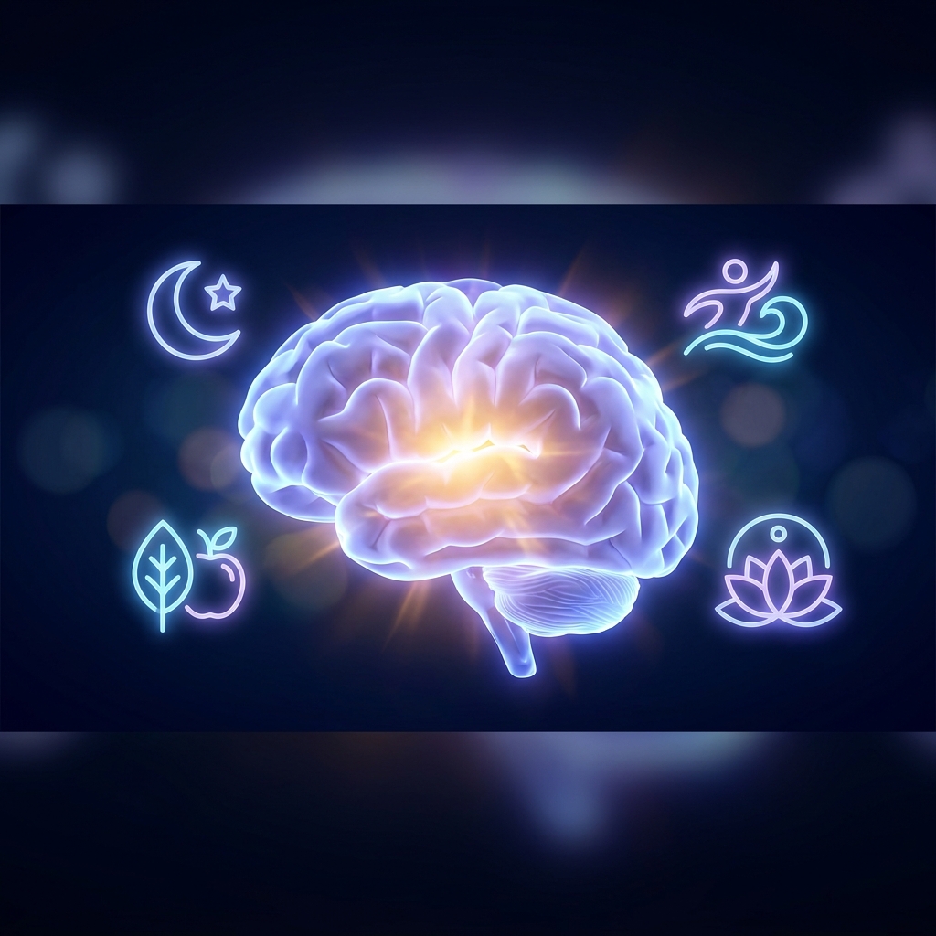 Glowing brain illustration surrounded by wellness symbols representing neurology health and brain wellness tips