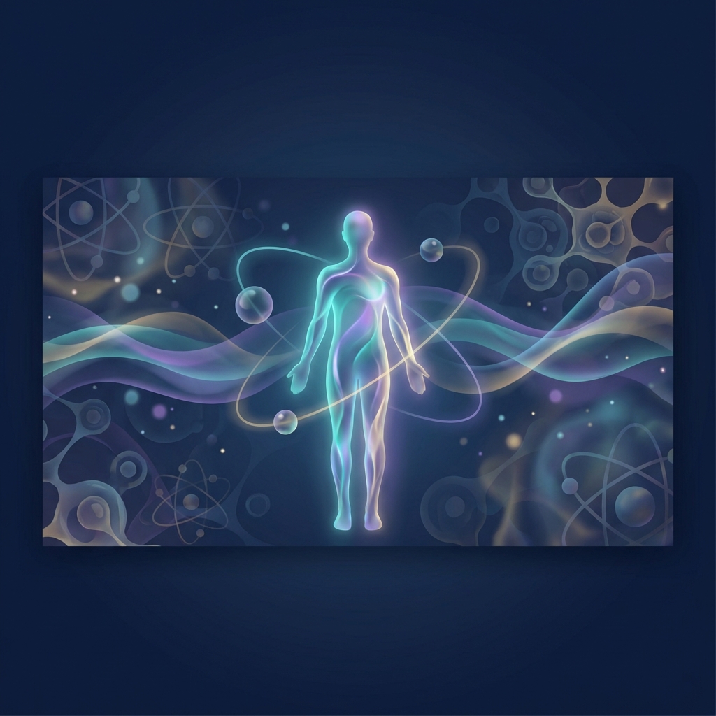 Glowing human silhouette surrounded by quantum energy patterns representing quantum wellness health benefits explained