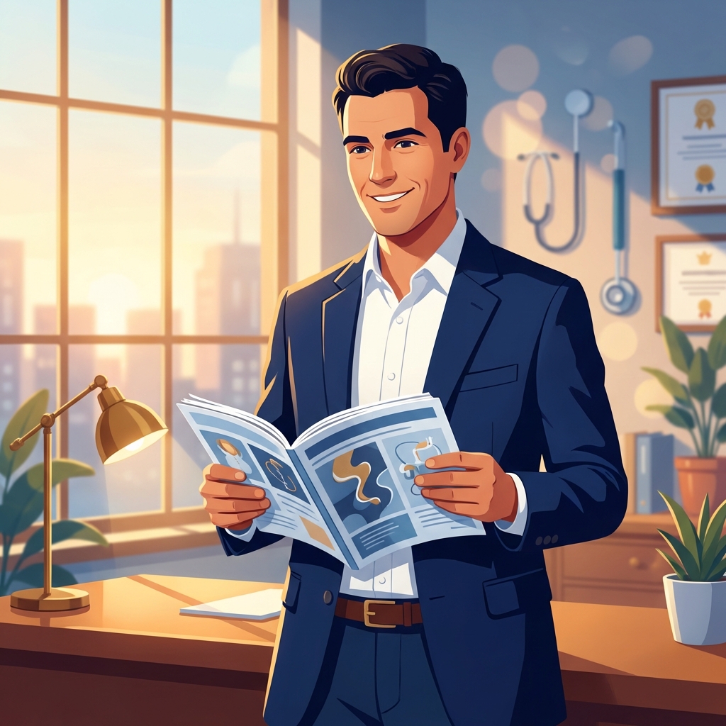 Confident physician holding a medical magazine, representing how to get featured in a medical magazine as a thought leader.
