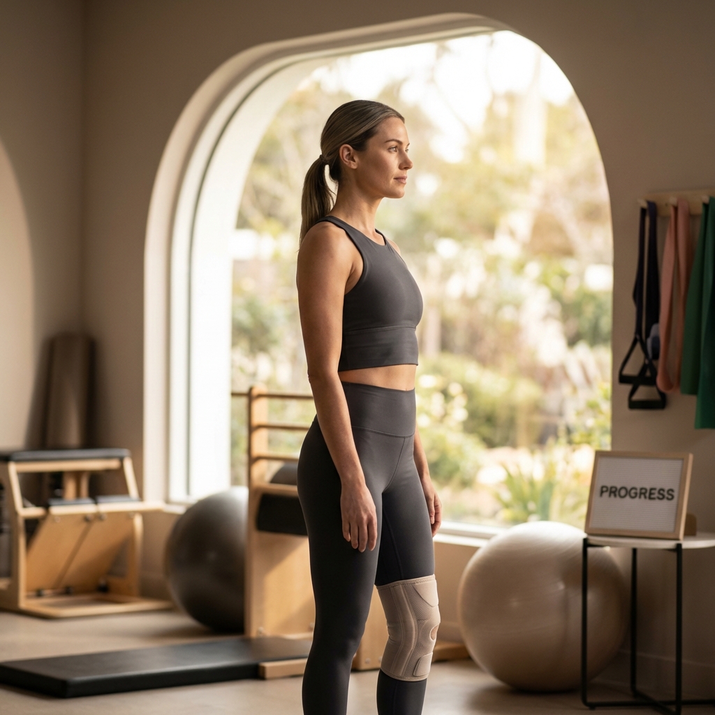 Patient standing confidently in a modern rehab facility, representing an orthopedic surgery recovery guide for patients