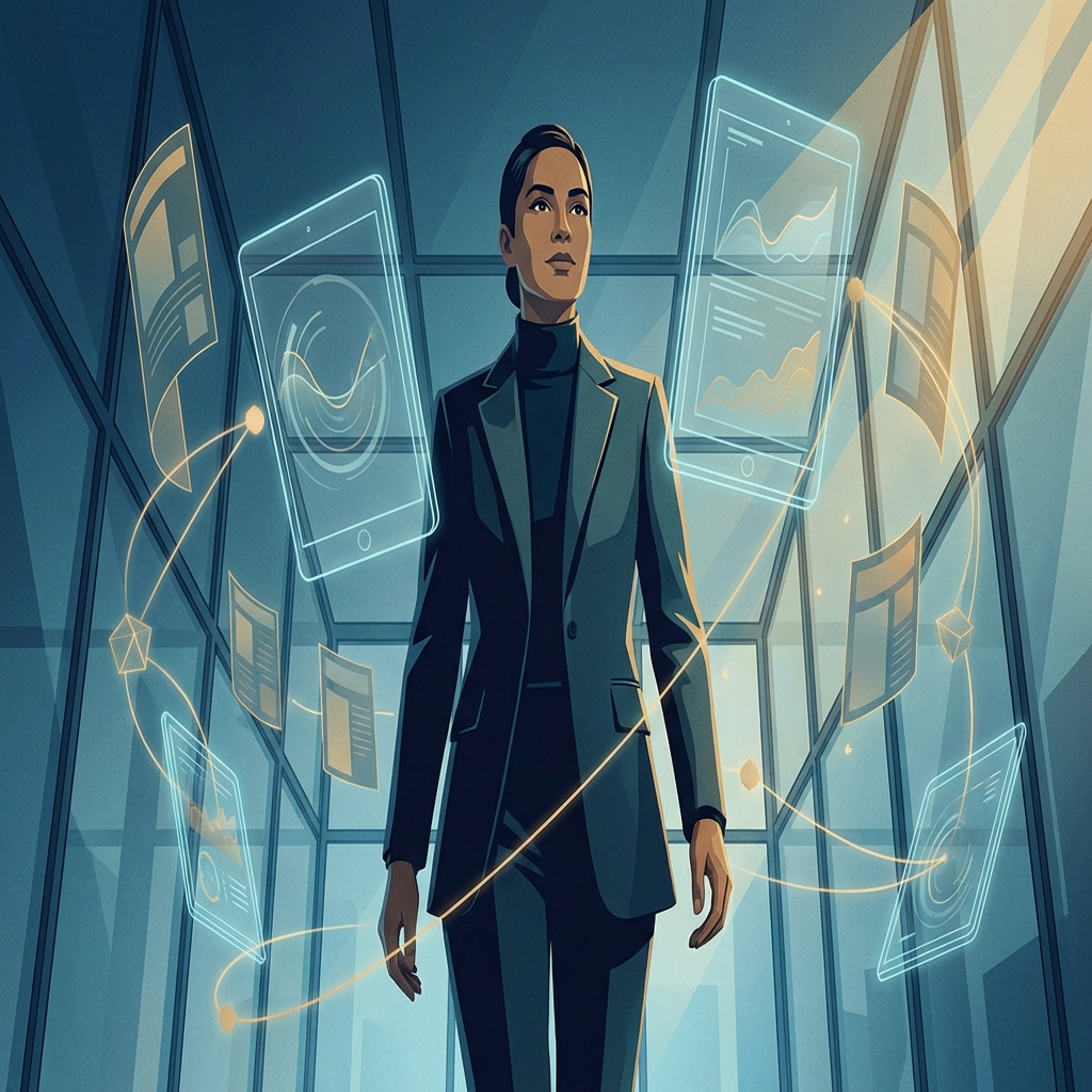 Biomedical innovator surrounded by glowing healthcare media elements, representing a biomedical company feature in healthcare media.