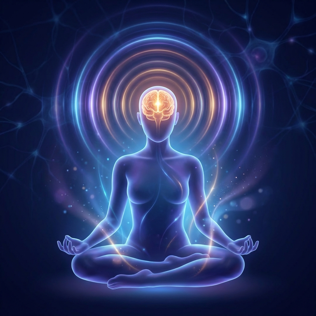 Glowing brain silhouette with brainwave entrainment waves representing BrainTap technology cognitive health benefits