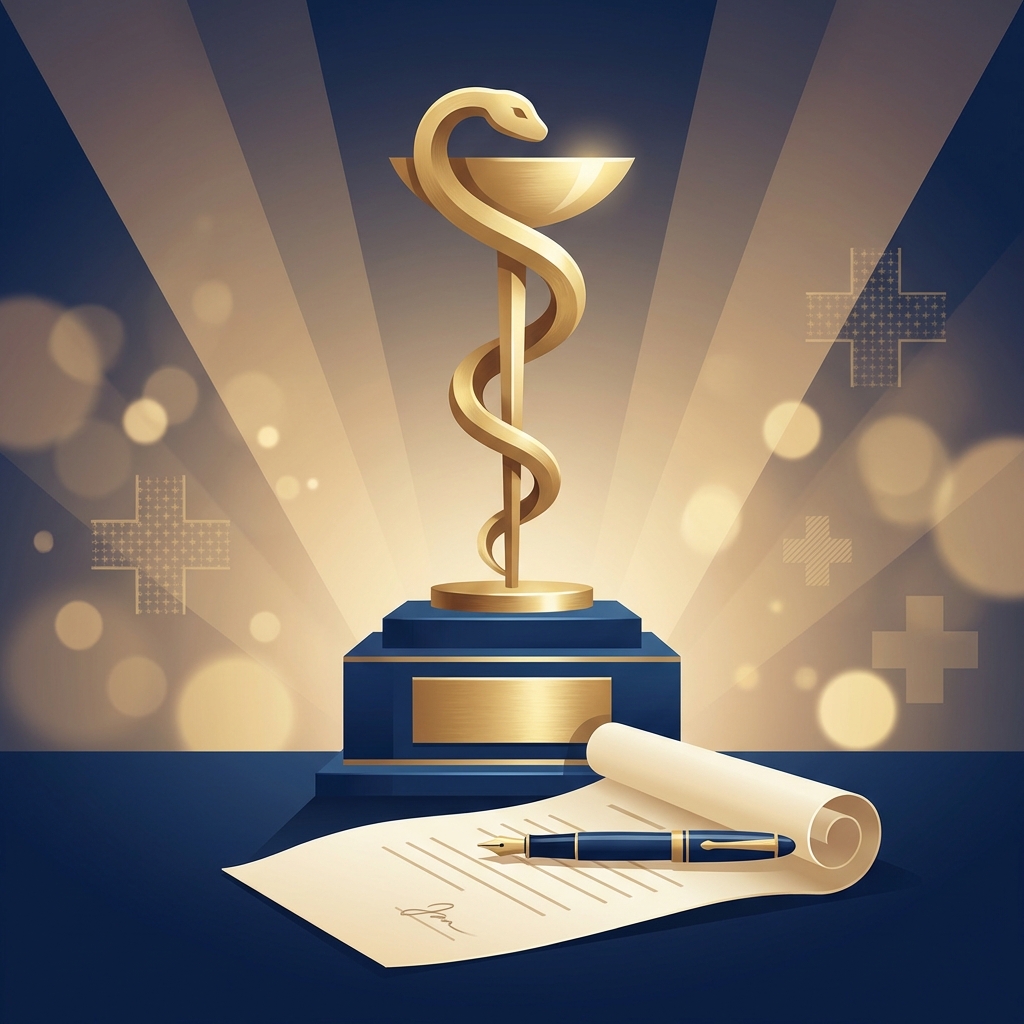 Gold award trophy and nomination letter representing how to nominate a doctor for an award
