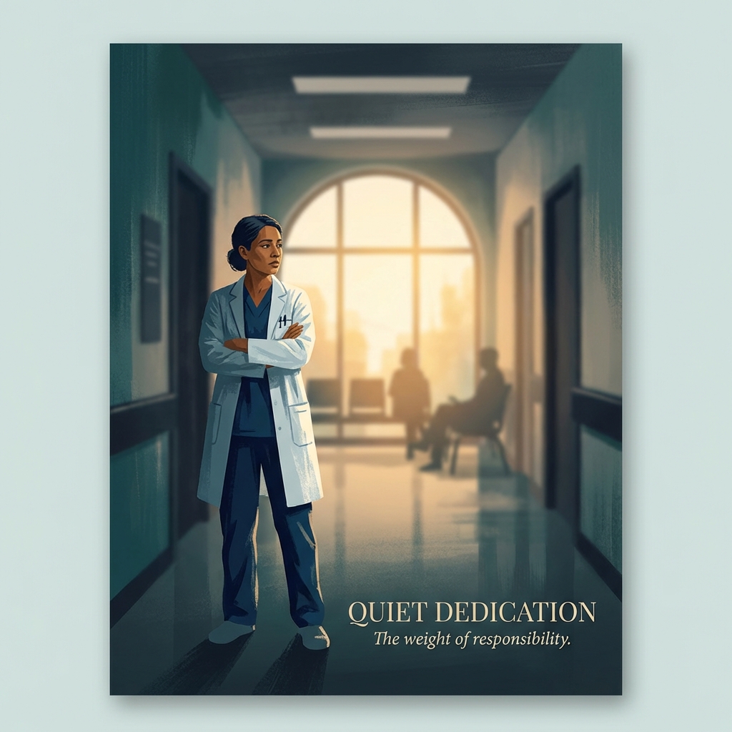 Doctor gazing thoughtfully in a modern clinic, reflecting mental health awareness and physician perspectives on the care crisis.