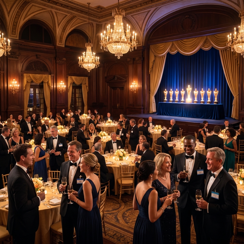 Physicians networking at an elegant healthcare gala event in 2026, celebrating peer recognition and professional community.