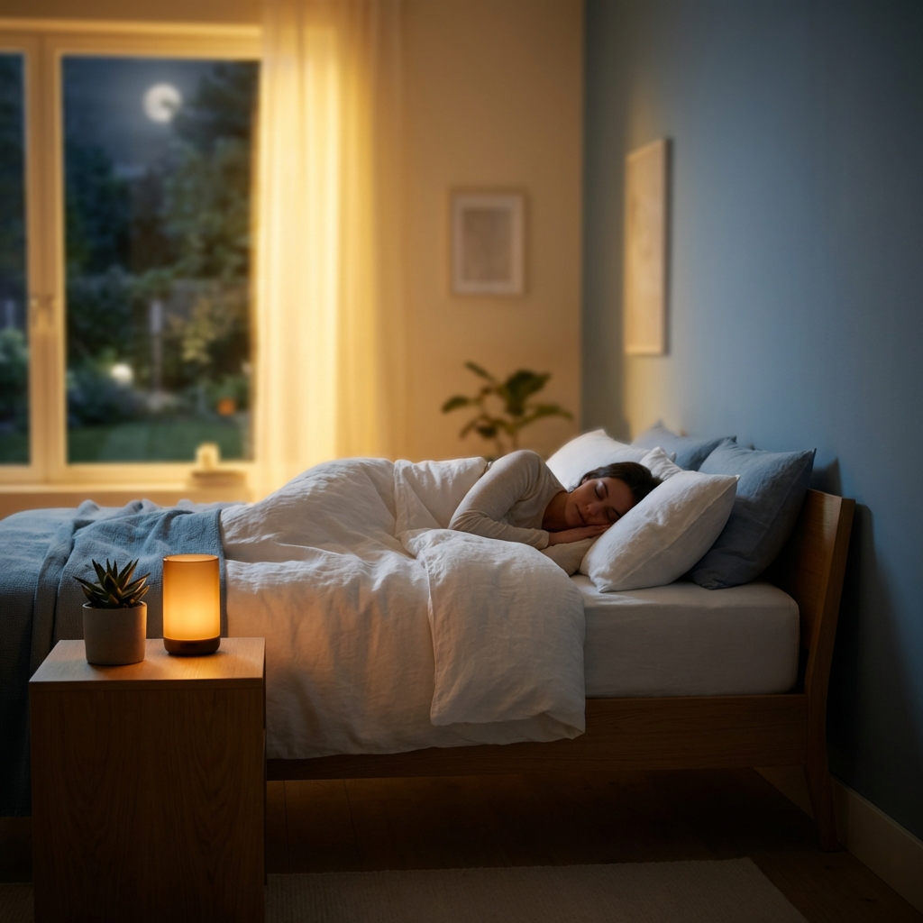 Peaceful sleeper in a serene bedroom environment, illustrating sleep health tips from doctors for better rest