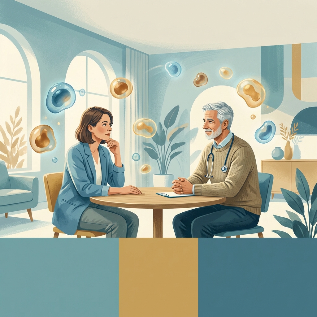 Patient consulting with a doctor about regenerative medicine, surrounded by glowing cellular imagery symbolizing informed treatment decisions.