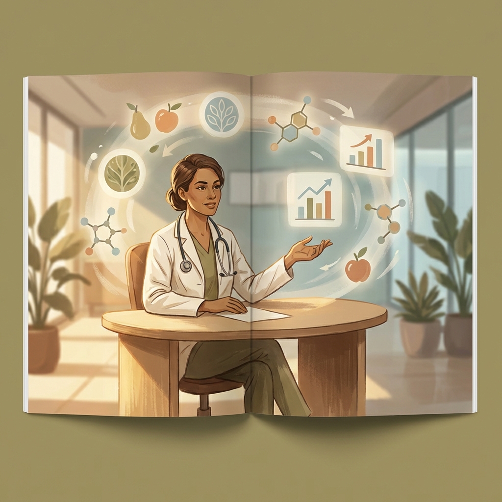 Medical professional offering nutrition advice in a modern consultation setting, representing evidence-based guidance from healthcare experts.