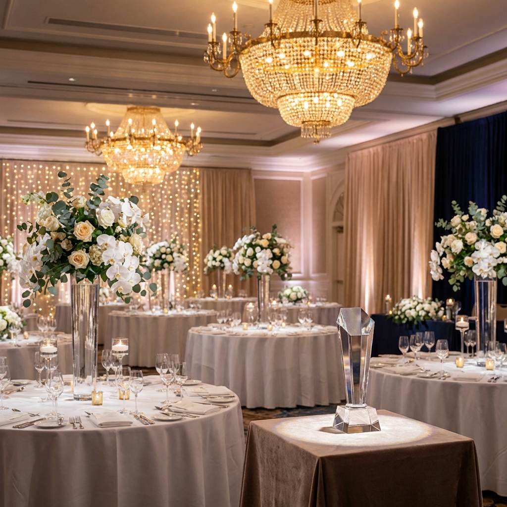 Elegant ballroom setting for a medical gala awards dinner for physicians with crystal trophy and golden lighting