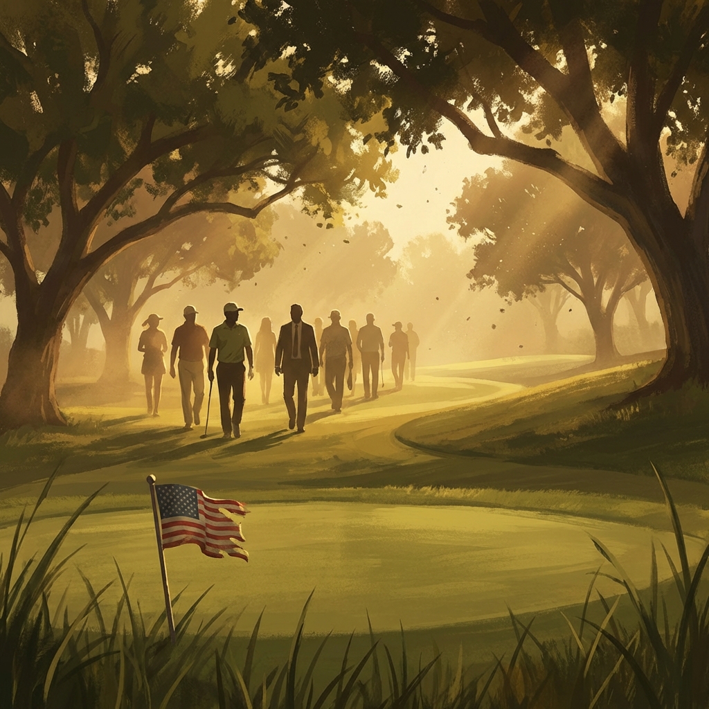 Silhouettes of healthcare professionals on a golf course at sunset, honoring veterans through a charity golf event.