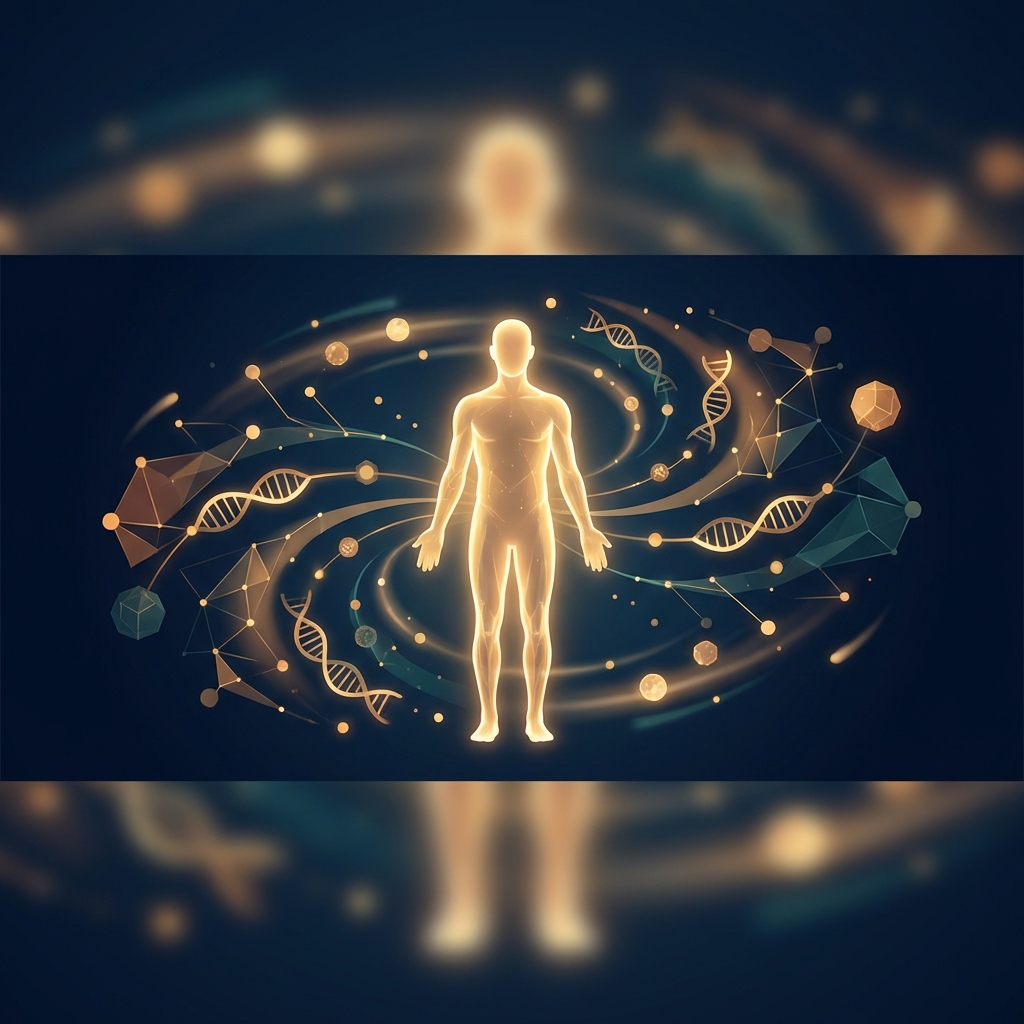 Stylized illustration representing precision medicine personalized treatment plans with glowing human figure and DNA data nodes