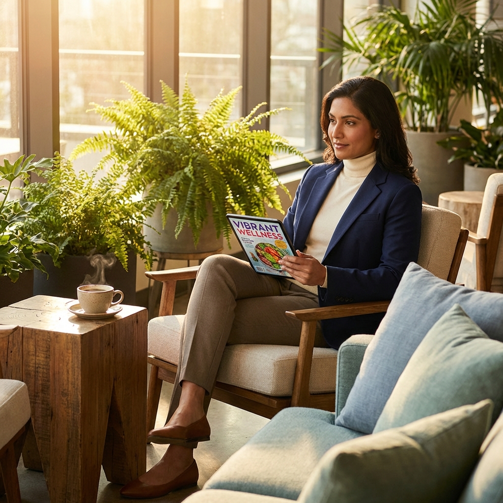 Physician relaxing with a health and wellness magazine for doctors on a tablet in a modern lounge setting