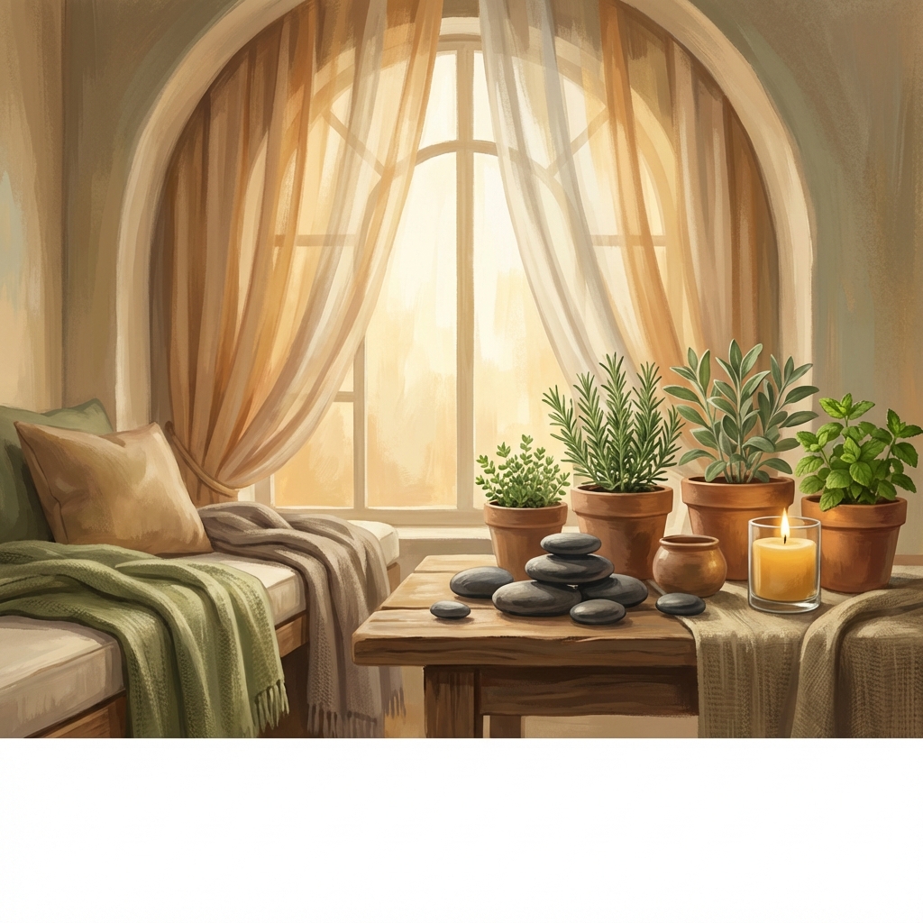 Warm holistic wellness sanctuary with natural herbs and stones representing holistic medicine approaches to chronic illness