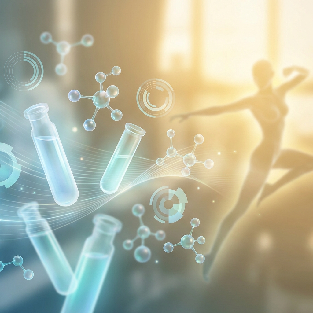 Functional medicine testing explained through glowing lab vials and health data visualizations in a modern illustrated style.
