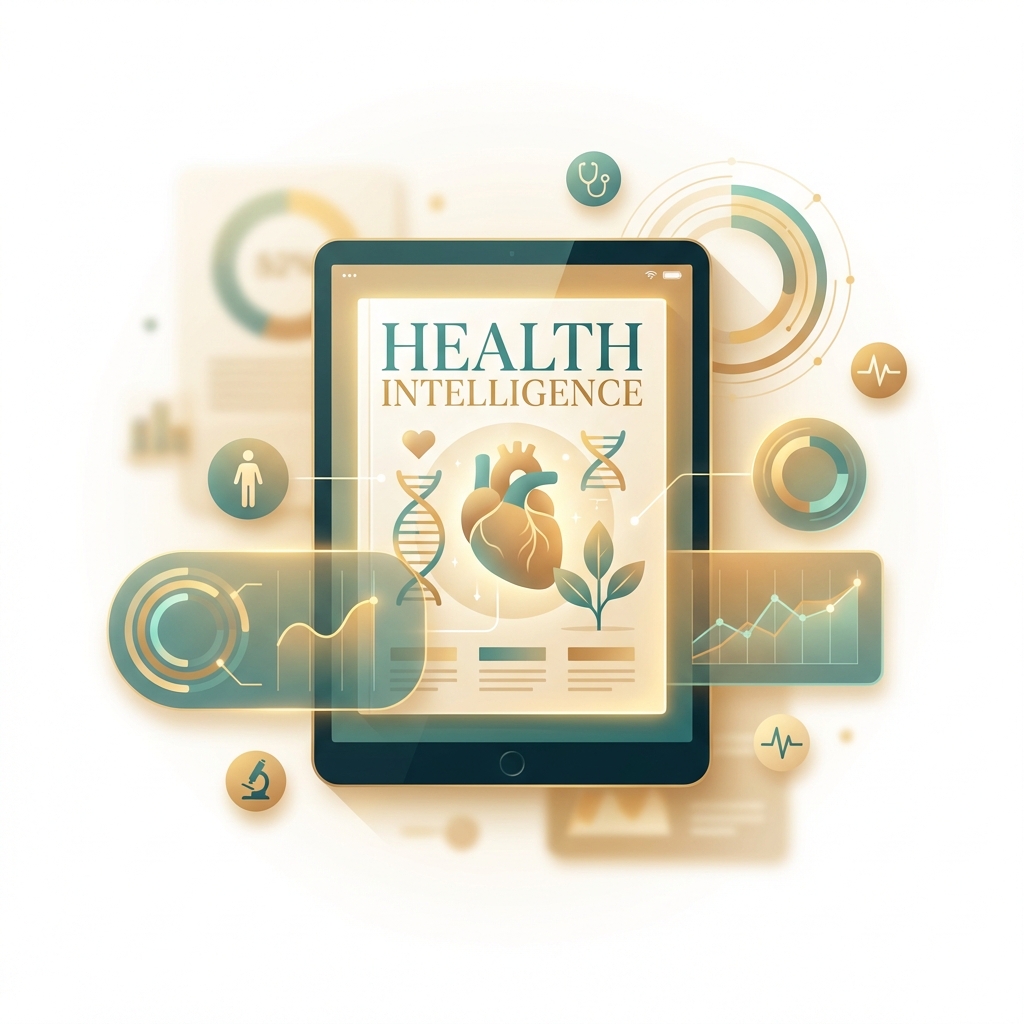 Digital health magazine subscription benefits shown through a glowing tablet with wellness content and data visualizations