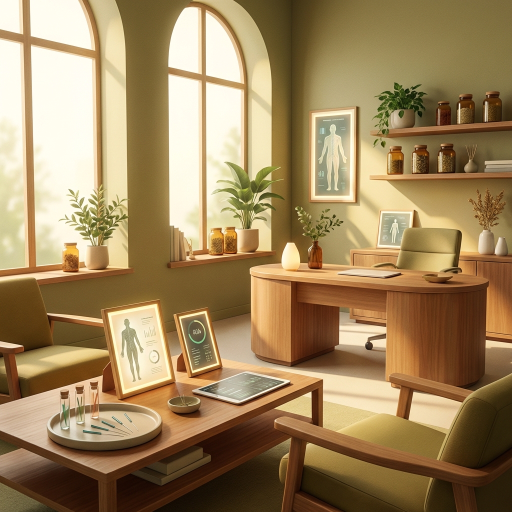 Serene integrative oncology cancer care space blending holistic and conventional medicine elements in warm natural light