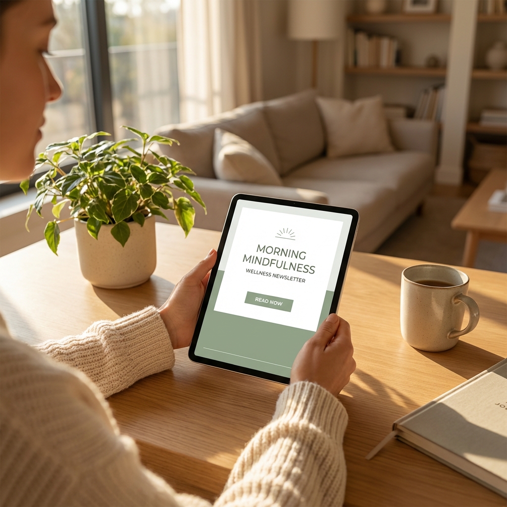 Person reading a biweekly health newsletter free subscription on a tablet in a calm, sunlit home setting