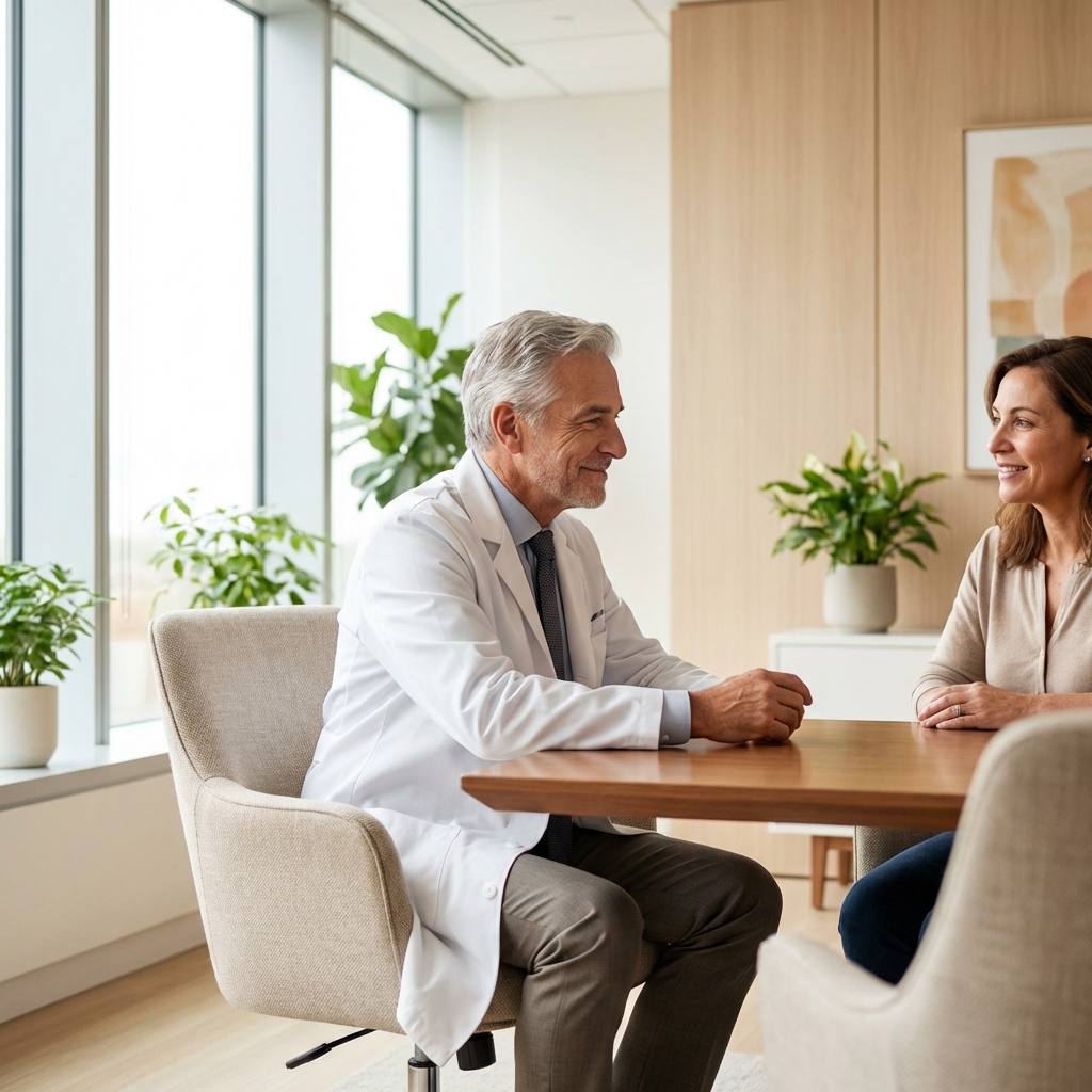 Doctor consulting with patient in modern longevity clinic — anti-aging medicine doctor recommendations