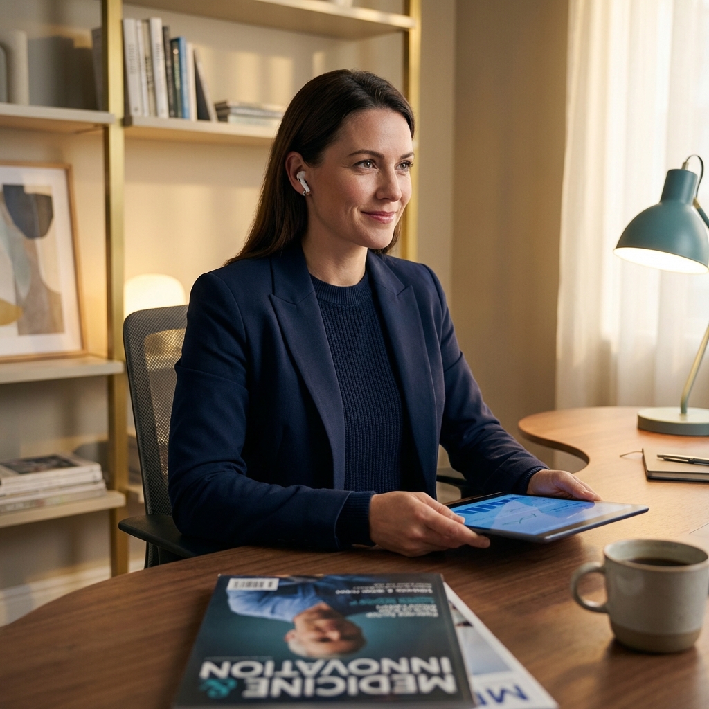 Physician listening to a healthcare podcast for medical professionals on tablet in modern office setting