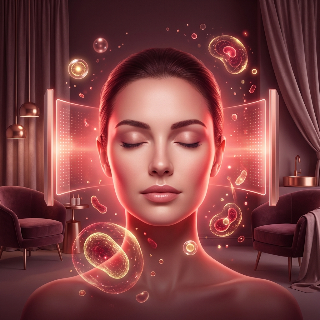 Woman surrounded by glowing red light therapy illumination suggesting red light therapy face mask benefits and cellular renewal