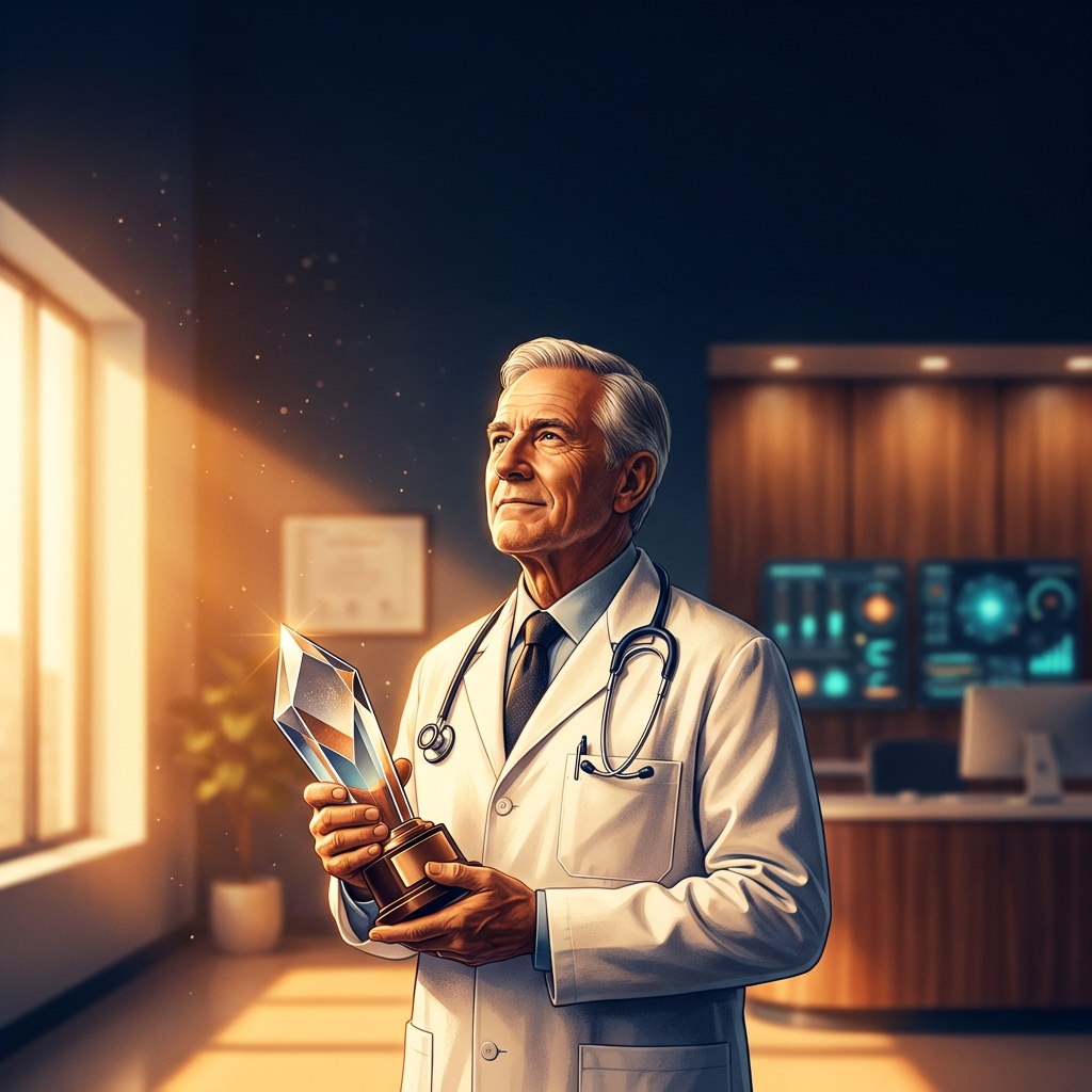 Healthcare professional holding a philanthropy award, representing recognition for charitable work by medical professionals