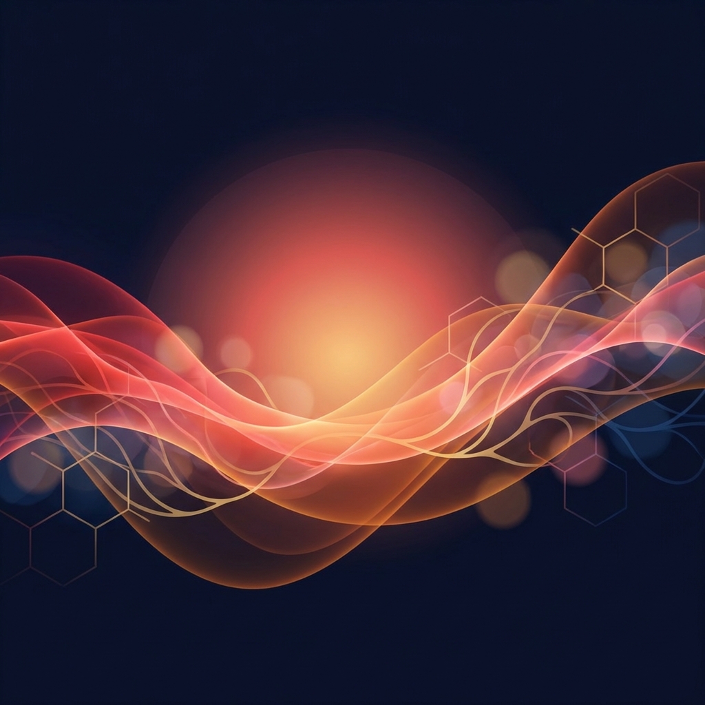 Glowing red and amber light waves representing red light therapy skin health science against a deep navy background