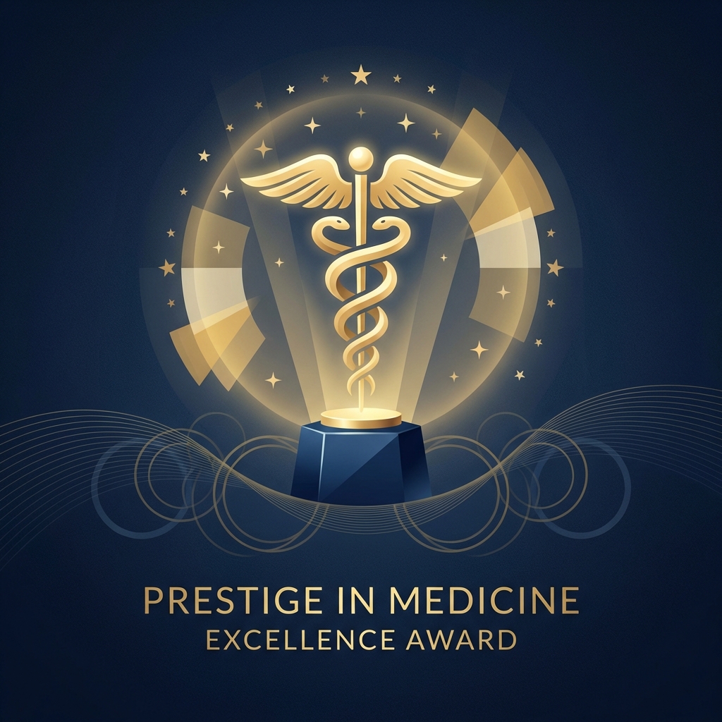 Golden medical practice award trophy glowing against a deep navy background, symbolizing ultimate medical practice award criteria