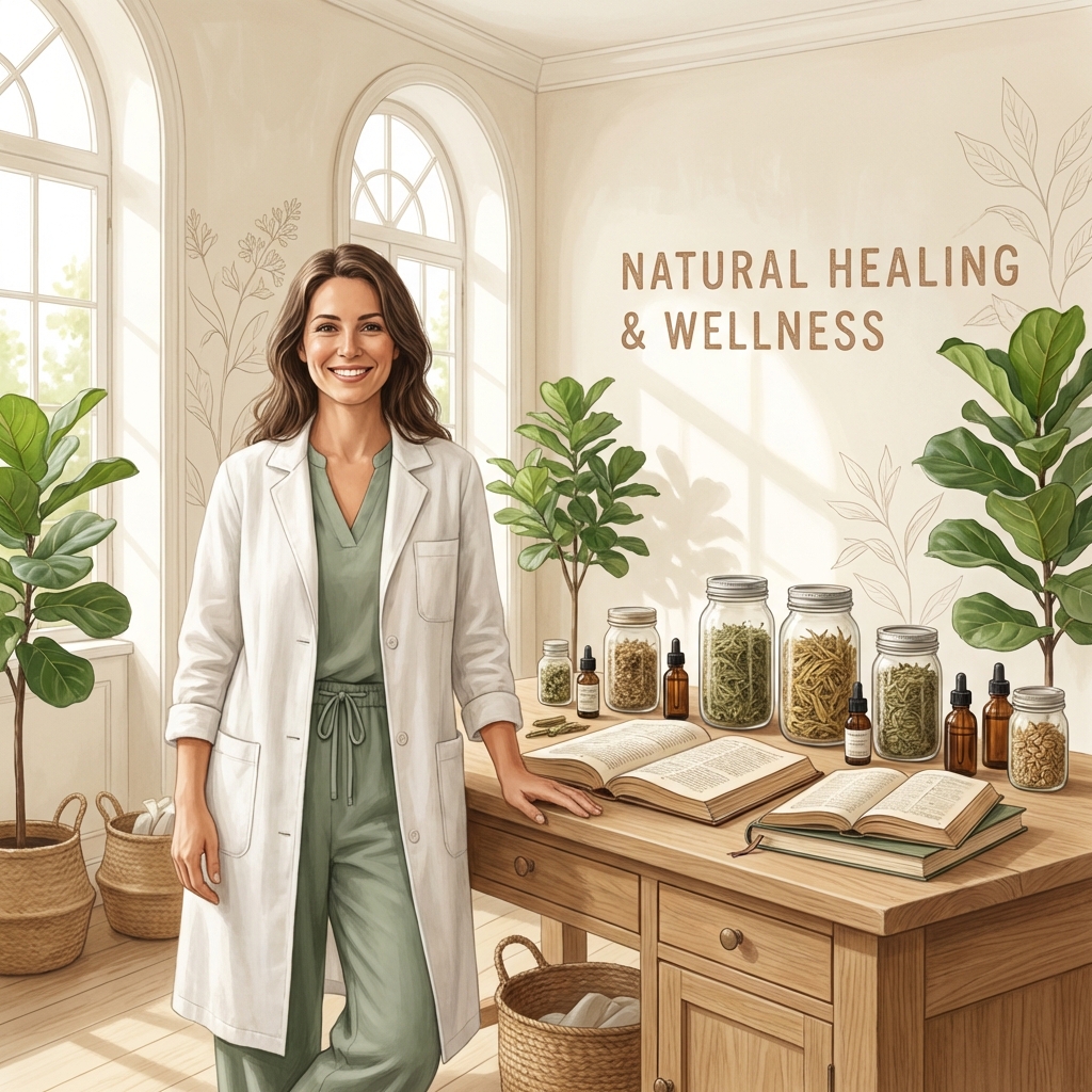 Naturopathic medicine doctor in a modern holistic consultation office blending natural and clinical elements