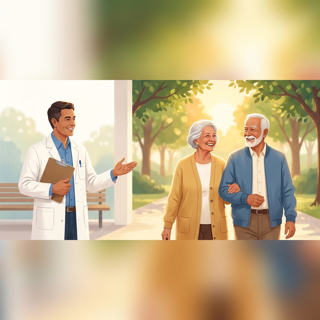 Elderly couple aging well with supportive geriatric care doctor tips illustrated in warm golden light