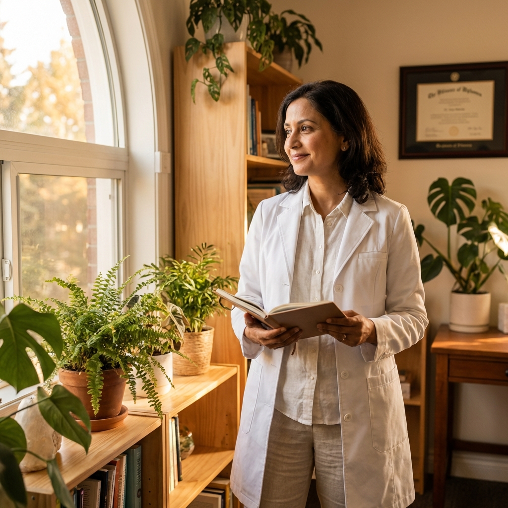 Holistic wellness doctor in a warm, plant-filled consultation room reflecting whole-person healing philosophy.