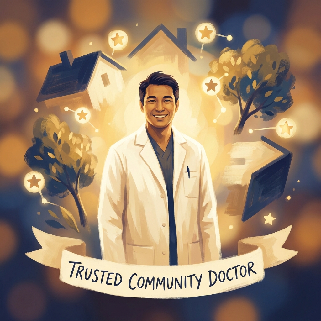 Illustrated community doctor bathed in golden light representing local area best doctor recognition
