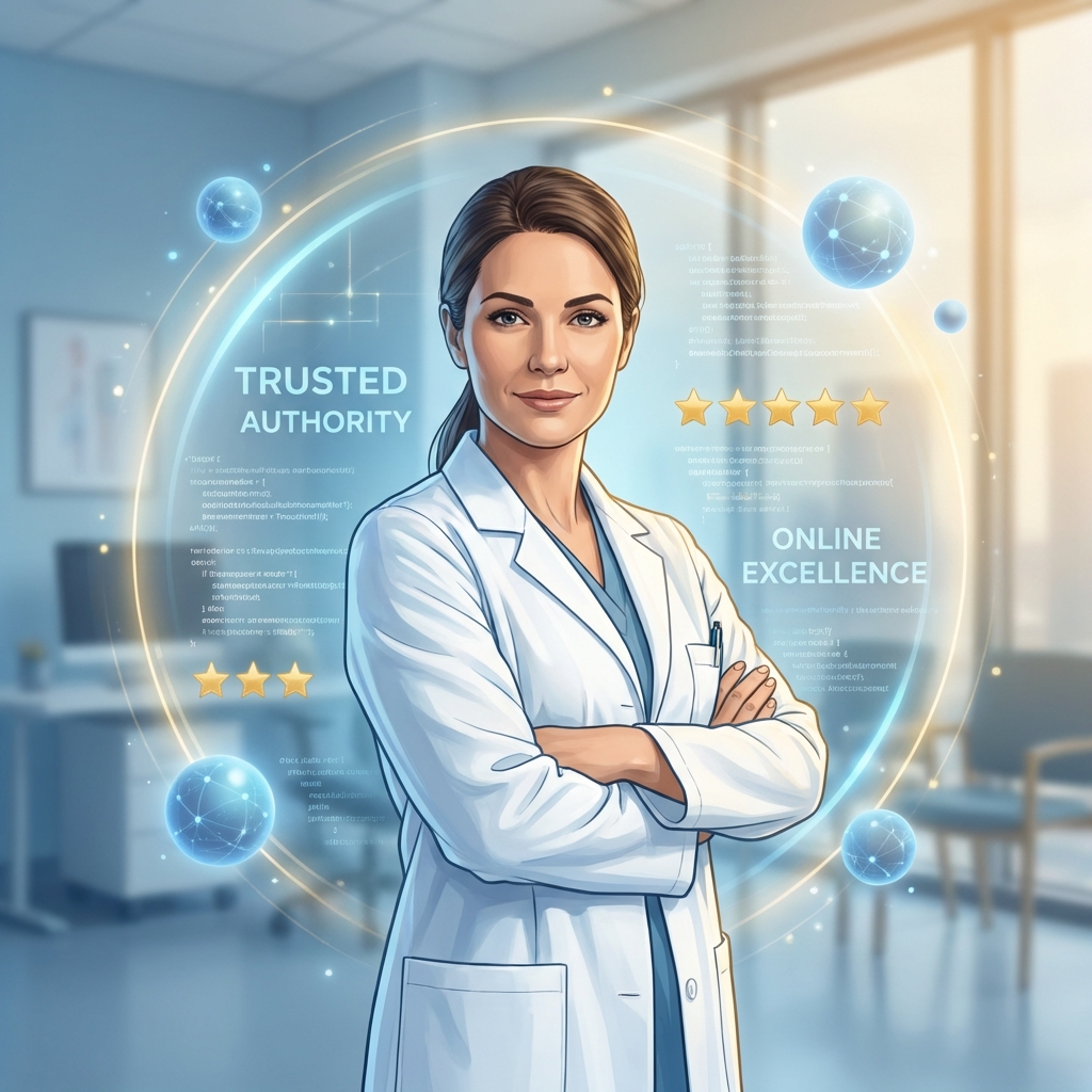 Physician surrounded by glowing digital reputation elements illustrating proactive doctor reputation management strategies