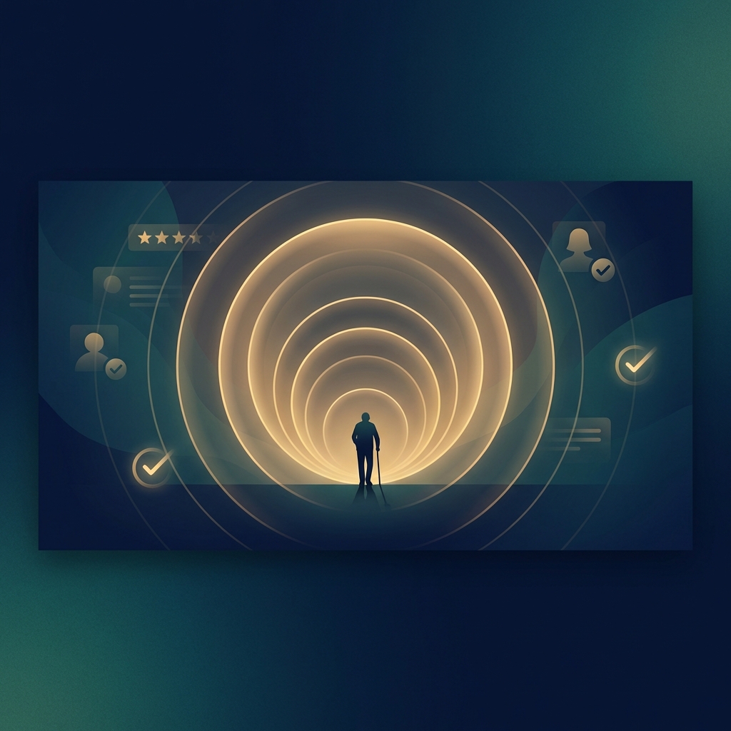 Conceptual illustration of a patient trust funnel showing how patients choose their doctors through layered decision stages