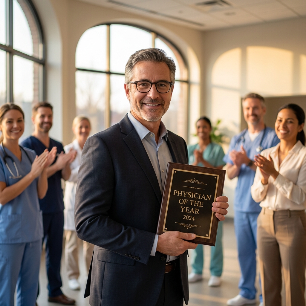 Physician receiving a peer review award from medical professional colleagues in a prestigious modern setting