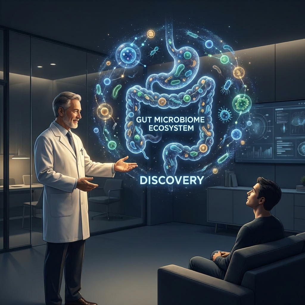 Doctor providing gut health microbiome advice with glowing visualization of beneficial bacteria