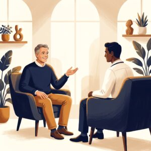 Man receiving men's health preventive care tips from a doctor in a modern medical office setting