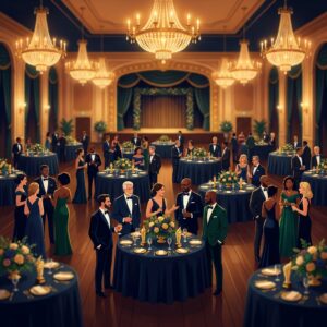 Physicians networking at an elegant medical conference gala with golden lighting and formal award dinner setting