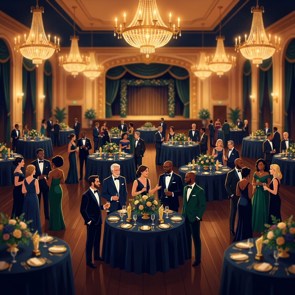 Physicians networking at an elegant medical conference gala with golden lighting and formal award dinner setting