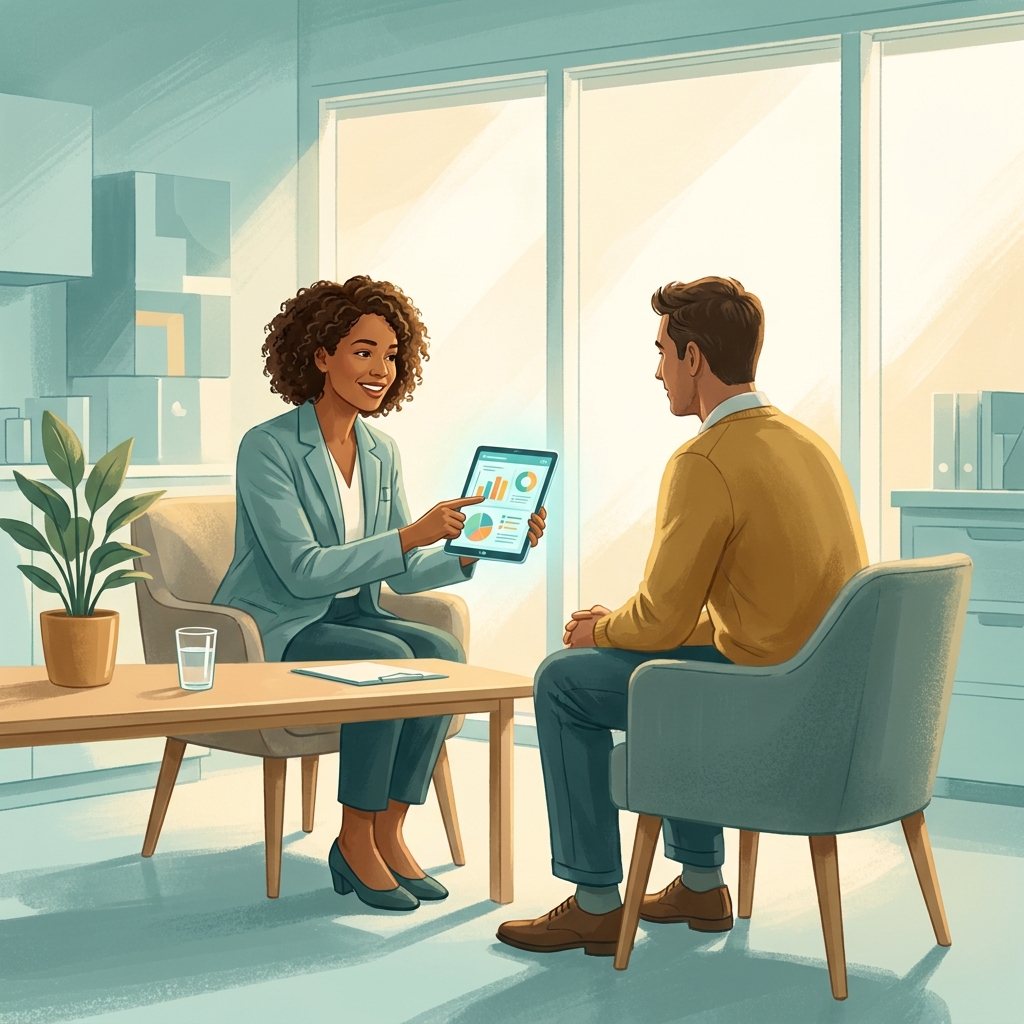 Illustration of doctor and patient in consultation for a diabetes management doctor patient guide