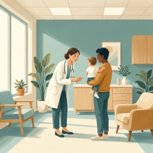Pediatric health doctor parent guide: pediatrician consulting with parent and young child in a warm modern clinic