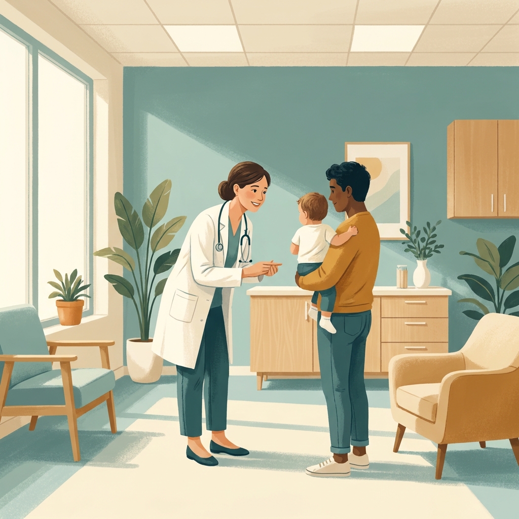 Pediatric health doctor parent guide: pediatrician consulting with parent and young child in a warm modern clinic