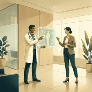 Two physicians collaborating on autoimmune disease integrative treatment options in a modern clinical setting