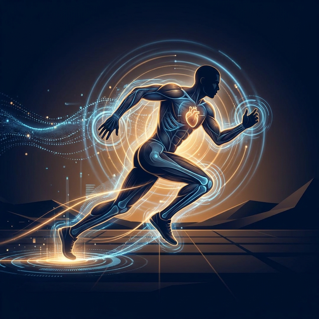 Athlete surrounded by glowing health data visuals representing sports medicine injury prevention strategies for athletes.