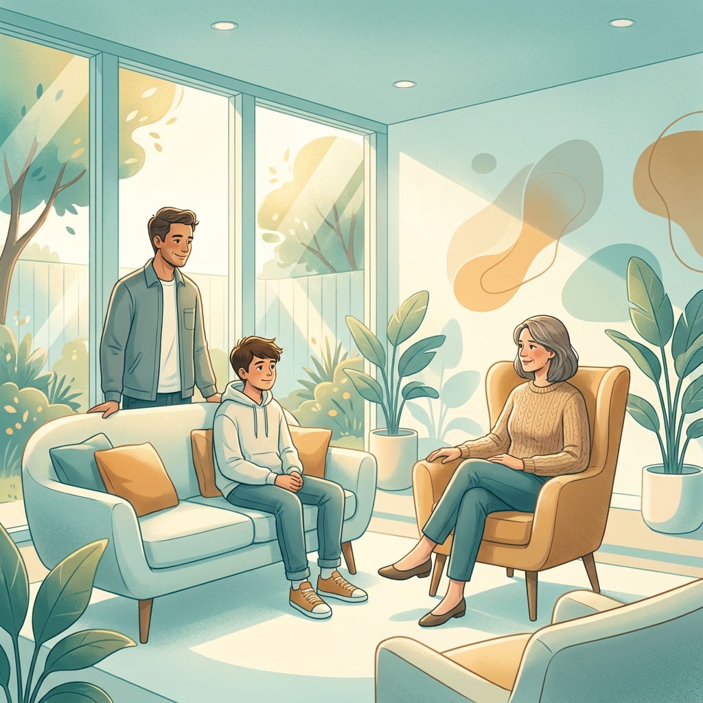 Teen mental health doctor consultation with parent resources guide — teen and counselor in a warm, supportive setting