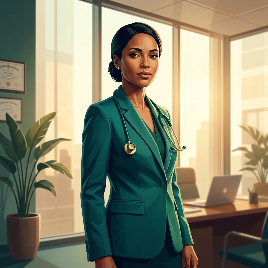 Confident physician standing in a modern private practice office, representing a starting a medical practice entrepreneurship guide