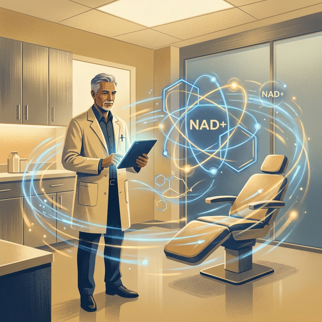 Doctor reviewing NAD therapy anti-aging evidence in a modern clinical setting with glowing molecular imagery