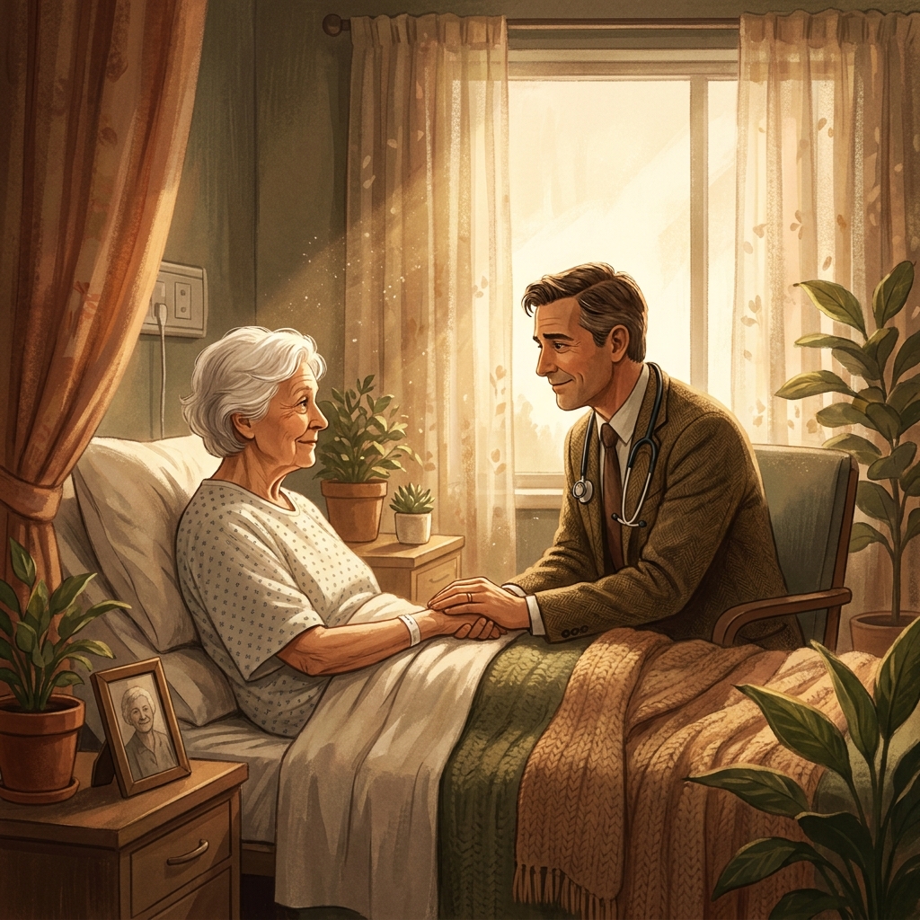 Compassionate physician sitting with elderly patient, illustrating palliative care compassionate medicine explained